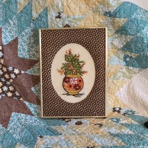 Floral Embroidered Wall Art in Brown Frame